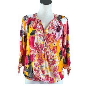 Fig Flower Top Womens Small Floral 3/4 Tie Sleeve Blouse Elastic Waist Boho Art
